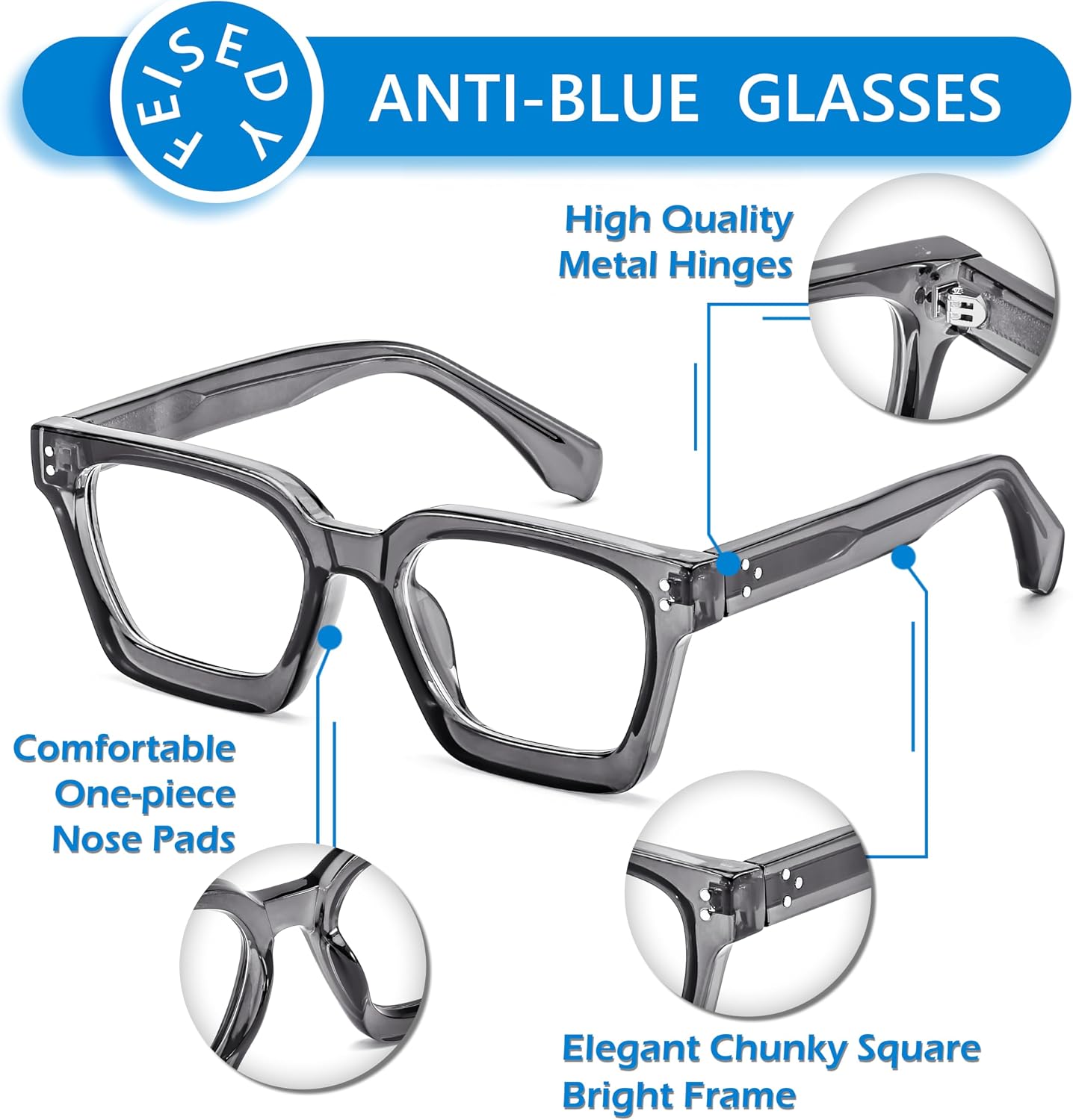 FEISEDY Blue Light Blocking Glasses Women Men Chunky Square Computer Glasses B0101