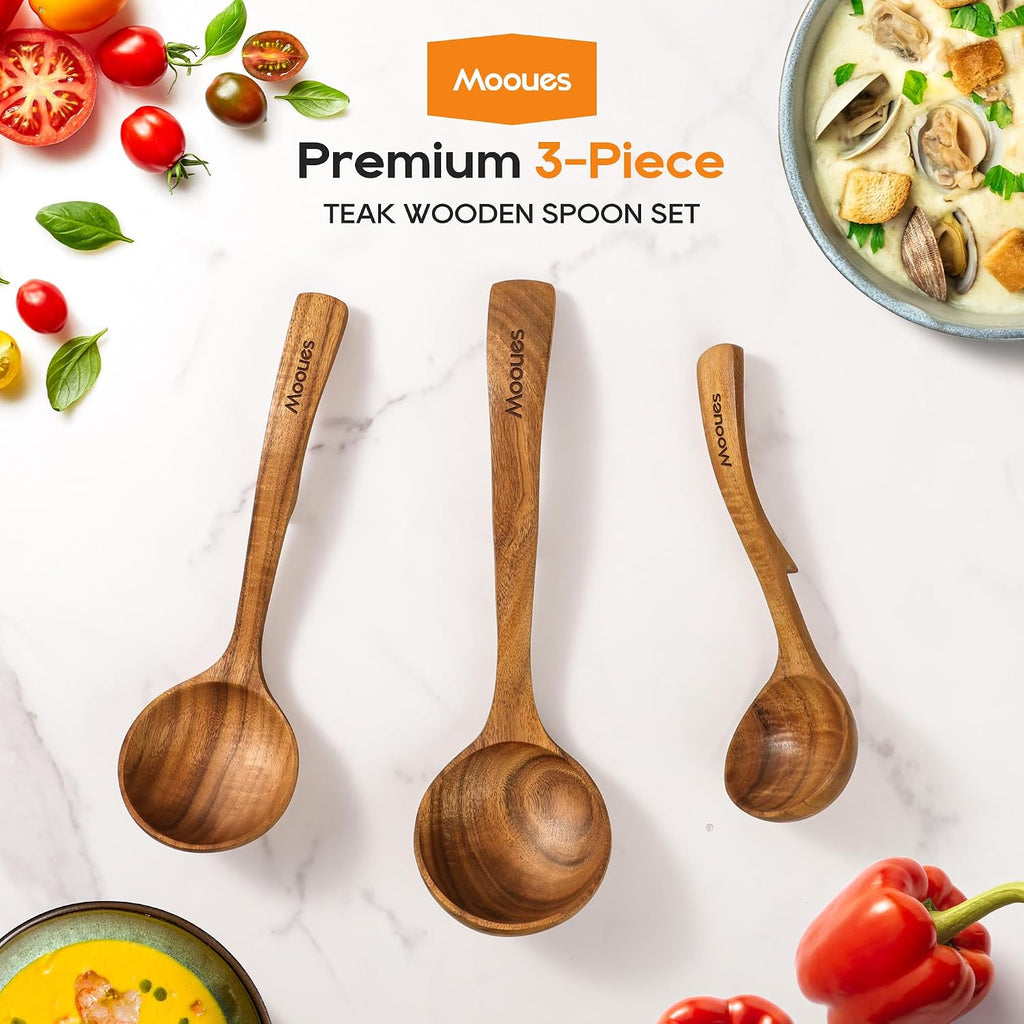 Wooden Ladle for Soup  3 Size Teak Wood Ladle Spoon with Back Hooks  Heat Resistant Wooden Spoons for Cooking  Non-Stick  Comfortable Grip  Wood Kitchen Utensils Set for Serving  Stirring