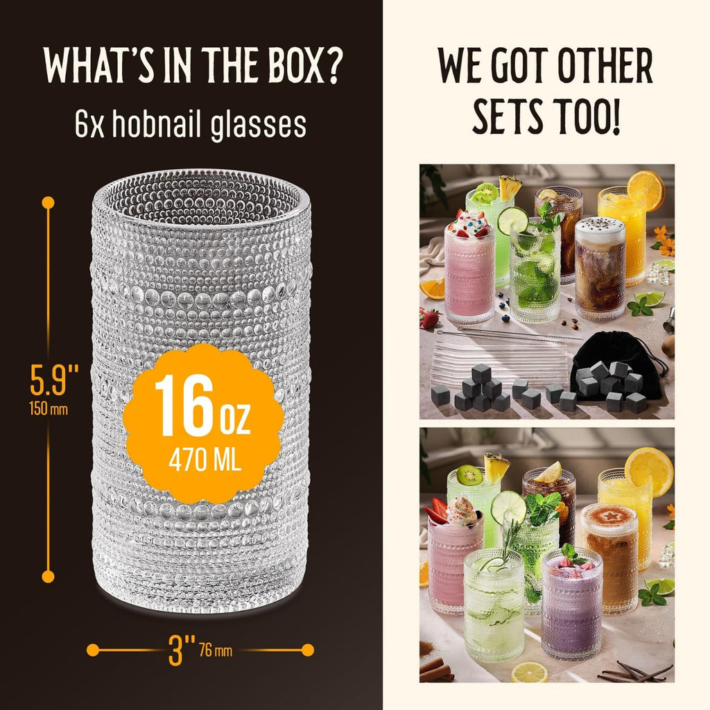 16 Oz Hobnail Drinking Glasses Set of 6 - Clear Multipurpose Glassware Sets  Decorative & Stylish Glasses Drinking Set for Bar  Kitchen  Cocktail Glassware  Garden - Home  Dining  & Kitchen