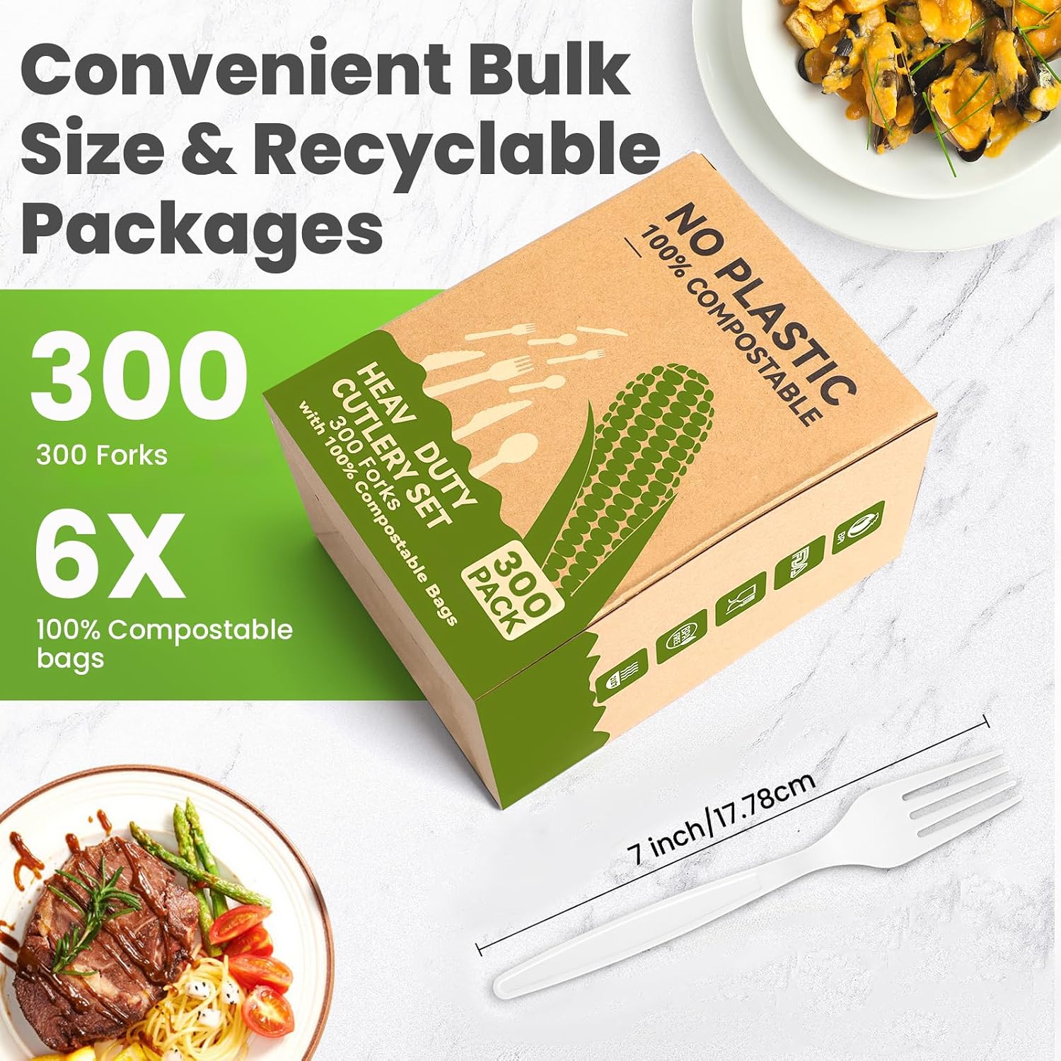 Heavy Duty Compostable Forks (300Pack)  Eco-Friendly Heavyweight No-Plastic Fork - 100% Disposable Forks Cornstarch Flatware for Lounge Party Wedding BBQ Picnic Camping (300Pack Forks Only)
