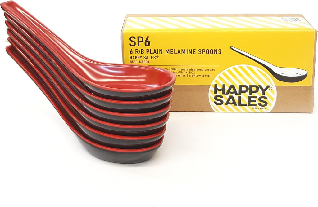 Happy Sales Melamine Soba  Rice Spoons  Chinese Won Ton Soup Spoon  Asian Red and Black  6 Pack Plain Style