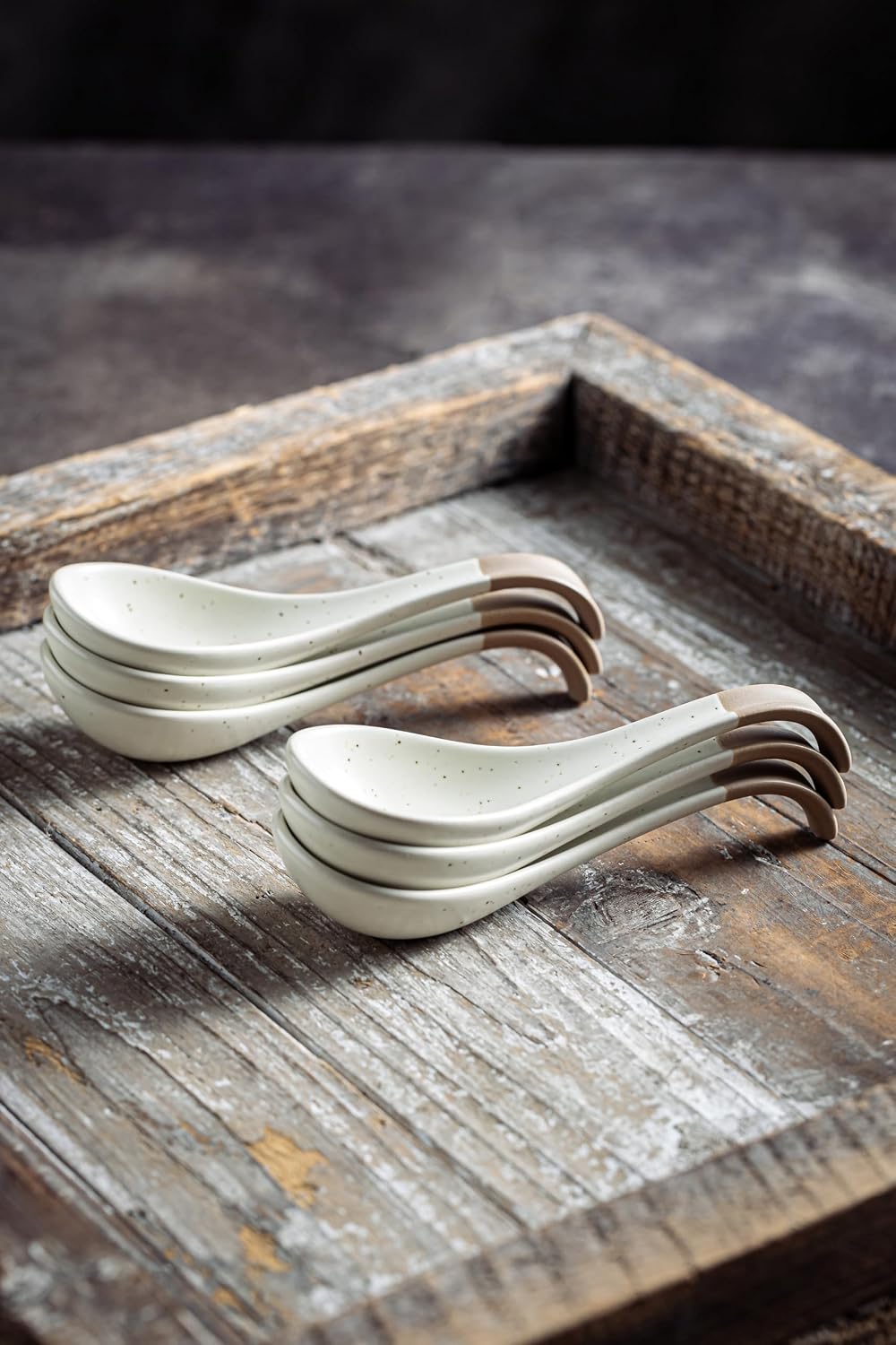 LYEOBOH 6 Pieces Asian Soup Spoons  Japanese Kitchen Soup Spoon Set  Dinner Tablespoons with Long Handle for Cereal  Ramen  Ice Cream  Dishwasher & Microwave Safe  Rustic Decor  White and Brown