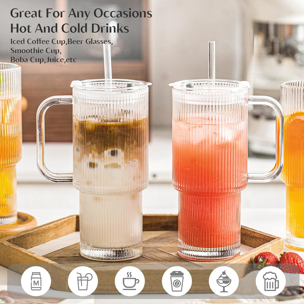 INSETLAN 26oz Ribbed Glass Tumbler with Handle & Lid – 2-Pack Large Iced Coffee Cups with Straws  Modern Glass Mug for Cold & Hot Beverages  Aesthetic Travel Cup for Smoothies  Tea  and Juice