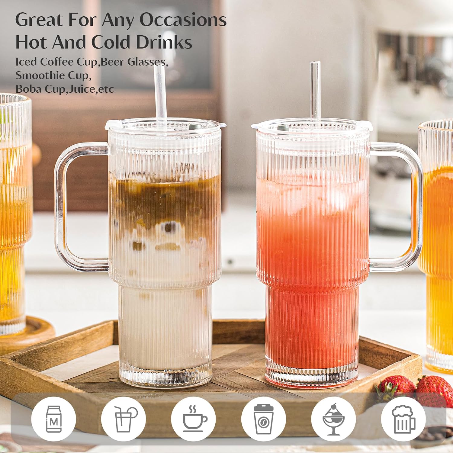 INSETLAN 26oz Ribbed Glass Tumbler with Handle & Lid – 2-Pack Large Iced Coffee Cups with Straws  Modern Glass Mug for Cold & Hot Beverages  Aesthetic Travel Cup for Smoothies  Tea  and Juice