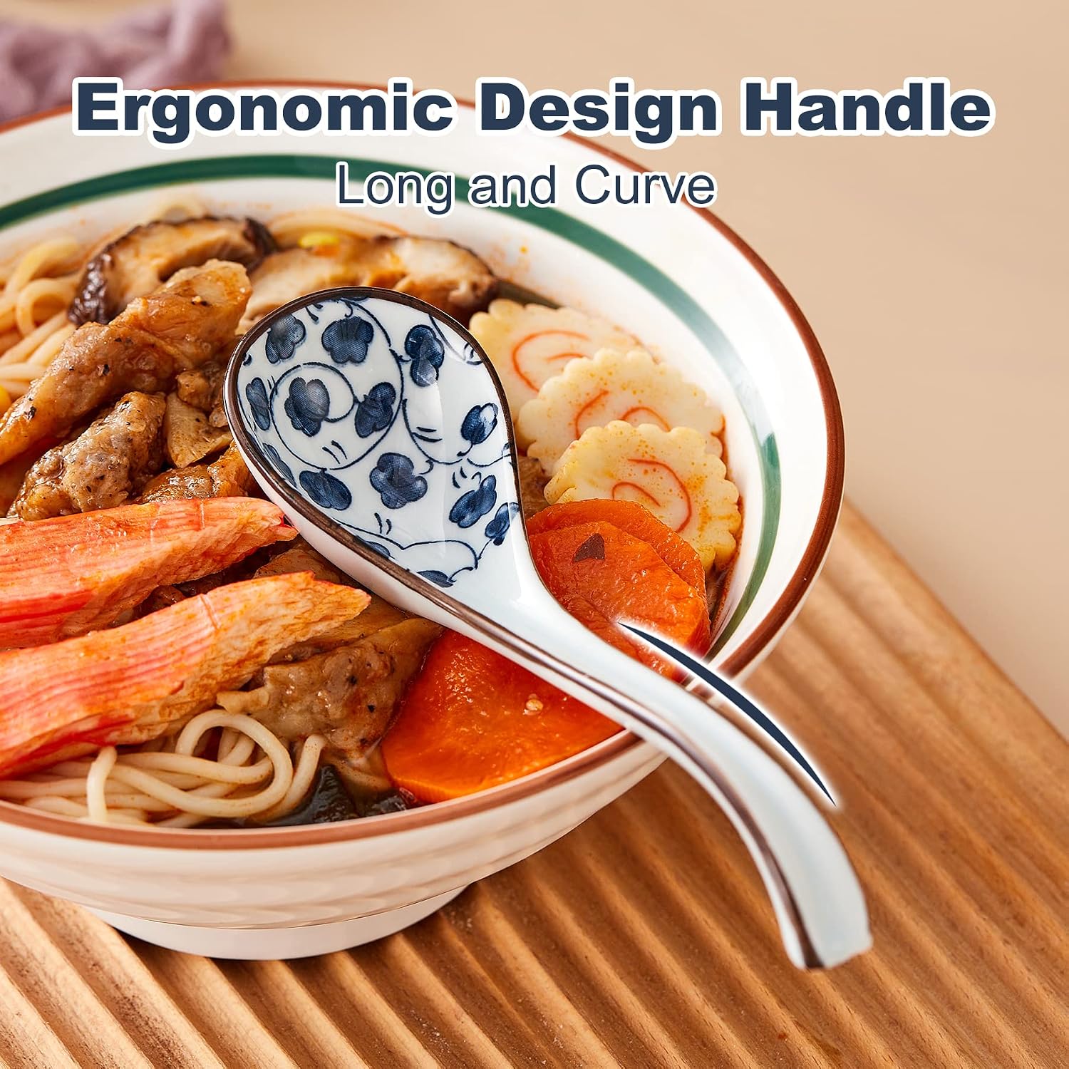 Ceramic Asian Soup Spoons  Easy to Hold  Long Handle Perfect Depth Spoon Set for Japanese Ramen Noodles  Chinese Dumpling  Pho  Miso  Wonton  Dishwasher Safe -Set of 4 - Blue