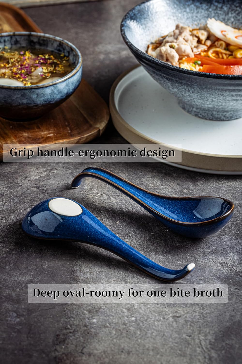 LYEOBOH Soup Spoons set of 6  Chinese Deep Soup Spoon - 6.5 inch Ceramic Korean Tablespoons for Ramen  Rice  Noodle  Asian Spoons with Deep Hook Design  Vintage Blue