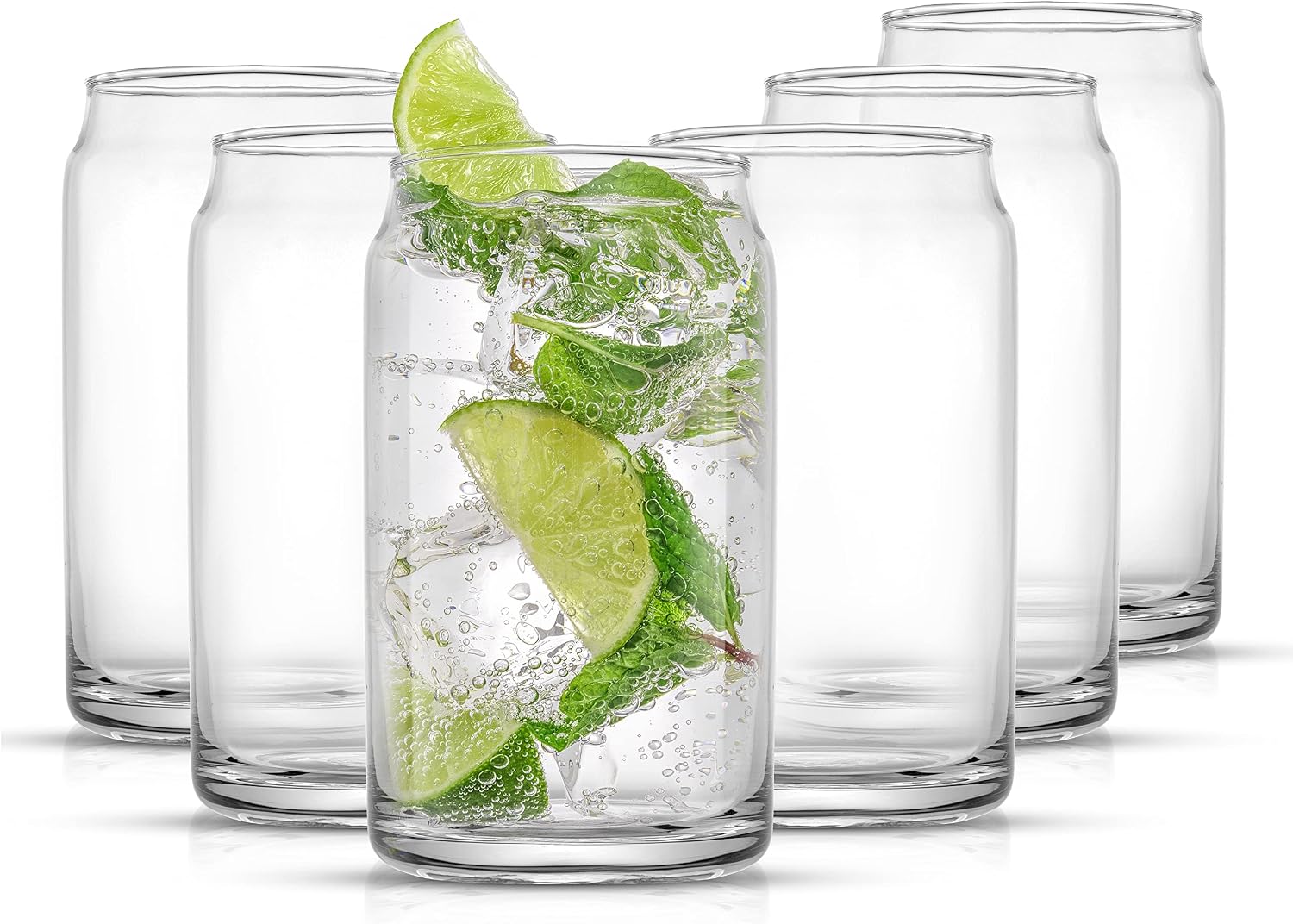 JoyJolt Drinking Glass Cups Set of 6-16oz Beer Can Glasses. Clear Soda Can Shaped Glass Cups  Cute Iced Coffee Cup Tumblers  Cold Drink Glassware  Unique Water  Tea  Cocktail Glass Set
