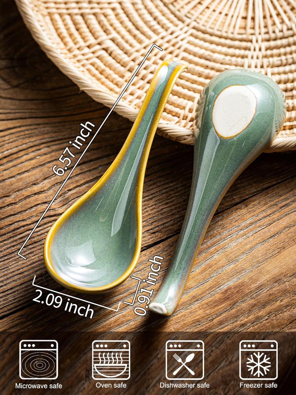 Gomakren Soup Spoons Set of 6  Asian Soup Spoons 6.5 Inch Ramen Spoons  Christmas Ceramic Chinese Spoon Set for Soup  Cereal  Pho  Noodles  Dumpling  Miso  Wonton  Dishwasher Safe  Blue-Green