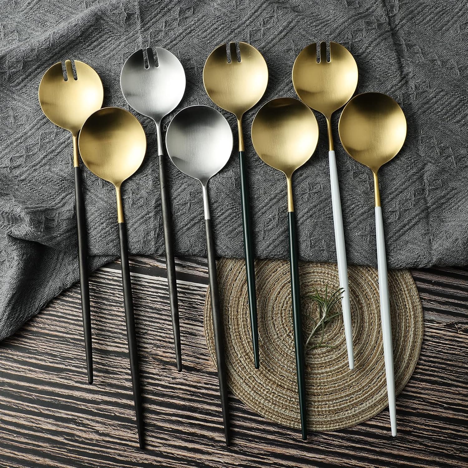Salad Servers Spoon and Fork Set 11.41 inch 18/10 Stainless Steel Salad Serving Titanium Plating (black gold)