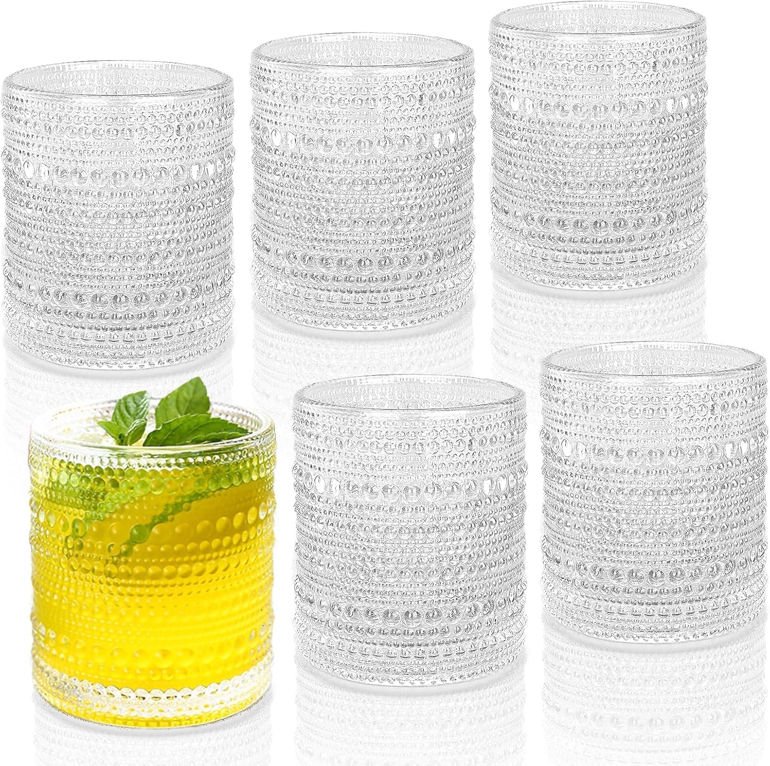 Cocktail Glasses 10 oz Hobnail Drinking Glasses Set of 6  Vintage Glassware  Textured Glass Cups Bubble Glasses Water Glasses Old Fashion Jupiter Glasses Set  clear