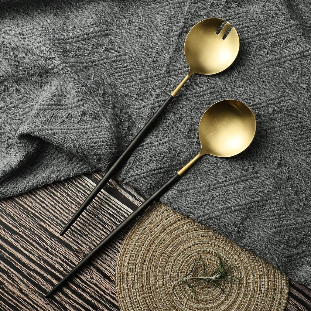 Salad Servers Spoon and Fork Set 11.41 inch 18/10 Stainless Steel Salad Serving Titanium Plating (black gold)