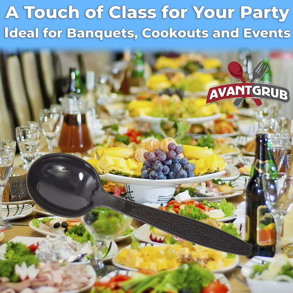 Extra Sturdy  Pro-Grade Plastic Soup Spoons 50 CT. Black  Heavy Duty Recyclable Utensils for Soups  Stews  Chili and Gumbo. Heavyweight Round Spoon is Perfect for Restaurants  Diners and Catering