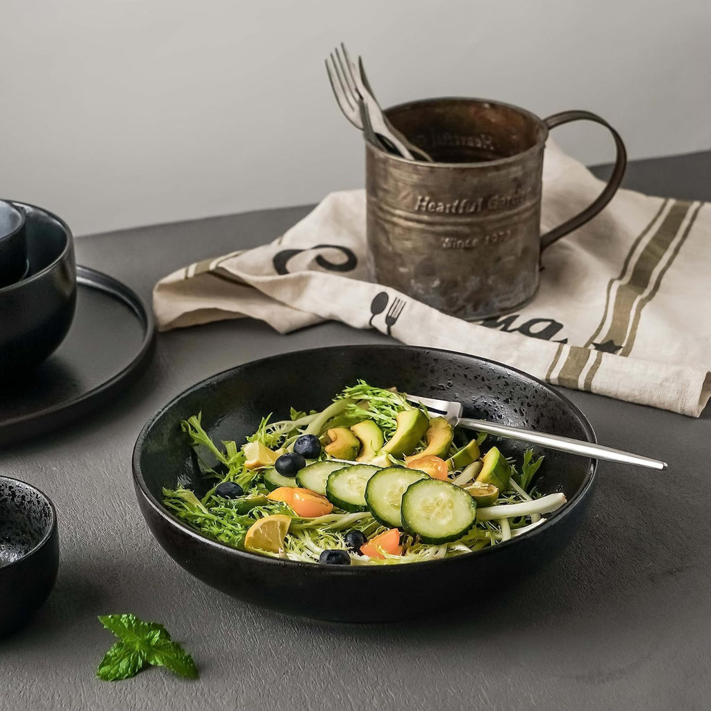 S&Q'S CERAMICS Large Pasta Bowls  65 ounce Large Salad Bowls Set of 4  10'' Ceramic Wide Shallow Bowl Plates  Large Serving Bowls for Fruit  Party Entertaining  Microwave Safe(Black and Grey)
