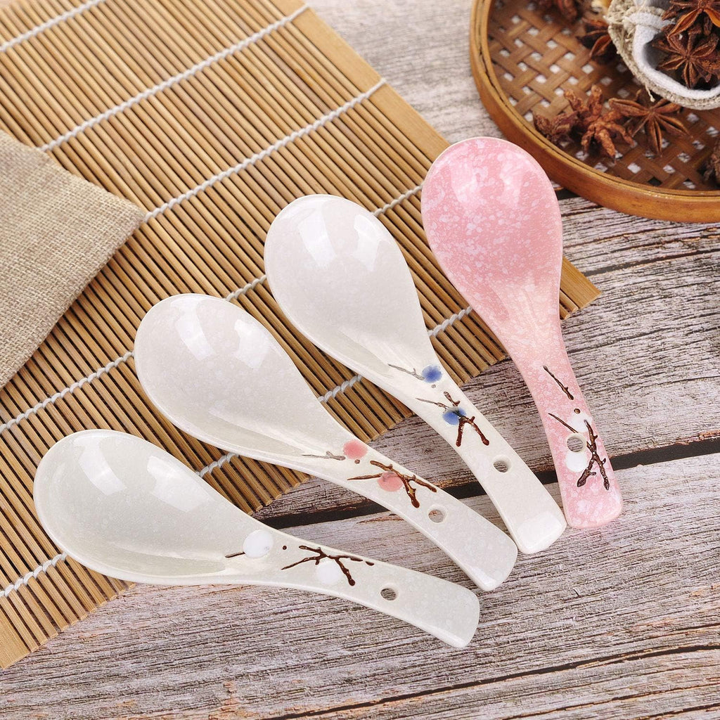 VanEnjoy Set of 4 Chinese/Japanese Ceramic Soup Spoons  Pink Cherry Blossom in Snow Pattern Ceramic Spoon Suitable for Soup