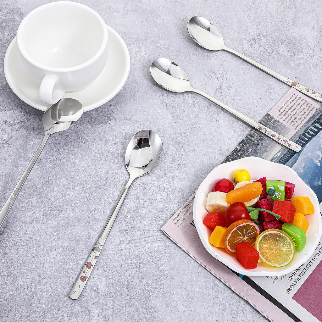 Grevosea 4 Pcs Korean Soup Spoons Stainless Steel 8 Inch Long Handle Tablespoon Asian Soup Spoon Cute Dinner Spoons for Home Kitchen or Restaurant  Dishwasher Safe (Flowers)