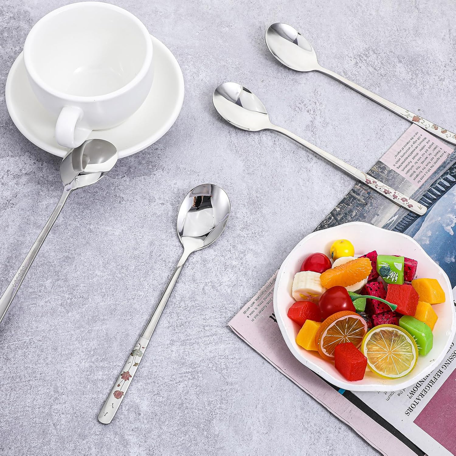 Grevosea 4 Pcs Korean Soup Spoons Stainless Steel 8 Inch Long Handle Tablespoon Asian Soup Spoon Cute Dinner Spoons for Home Kitchen or Restaurant  Dishwasher Safe (Flowers)