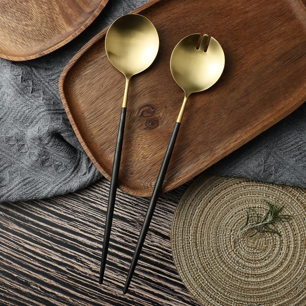 Salad Servers Spoon and Fork Set 11.41 inch 18/10 Stainless Steel Salad Serving Titanium Plating (black gold)