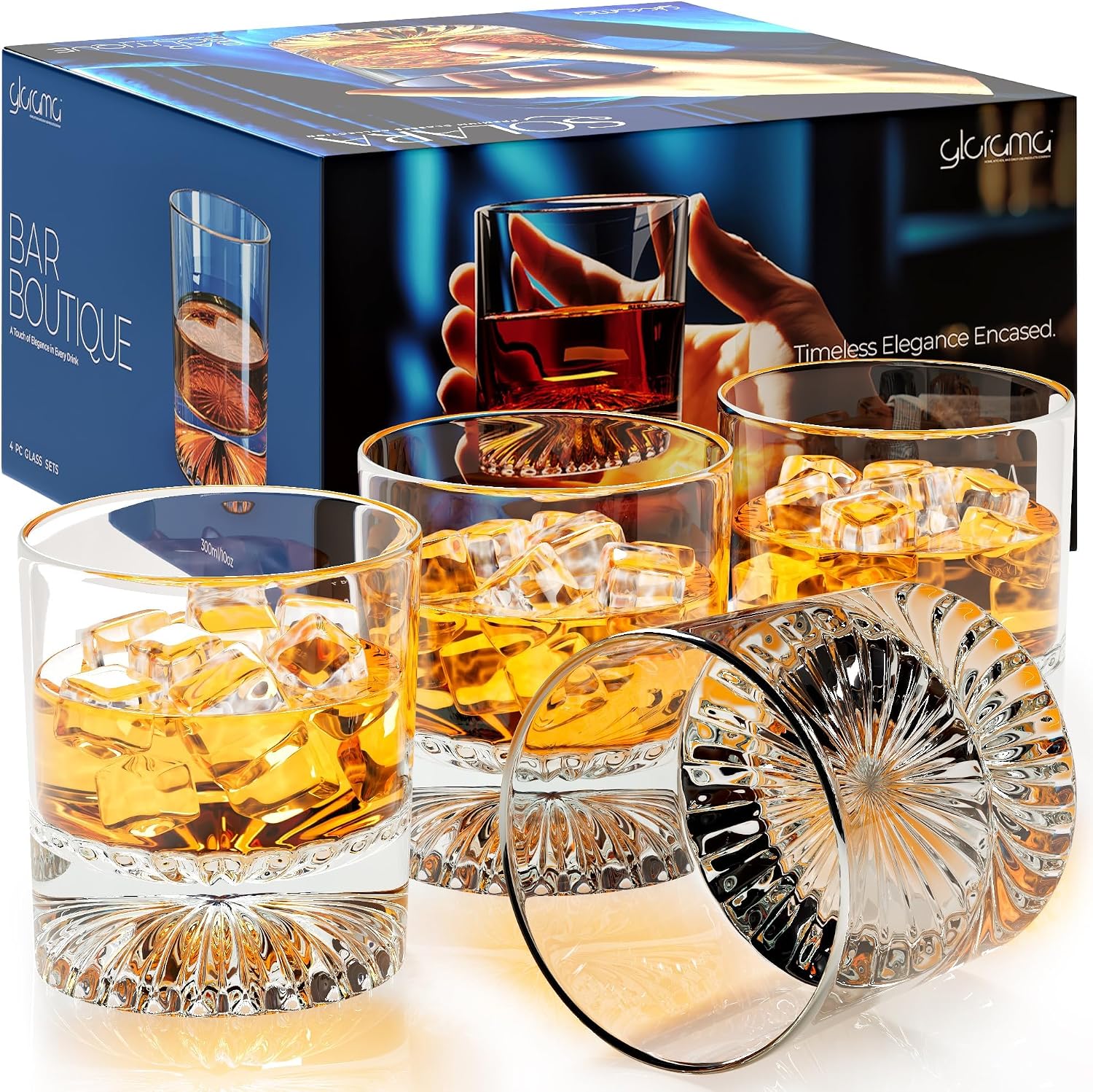 GLORAMA Premium Old Fashioned Whiskey Glasses with Heavy Bottom – Vintage Bar Drinkware for a Cocktail  Bourbon  or Scotch – Durable Crystal Rocks Glass – Set of 4  10 oz