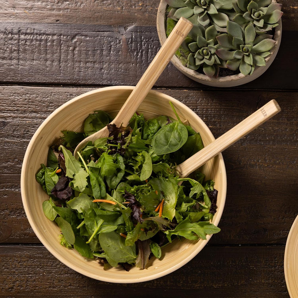 LEXA Bamboo Salad Utensil Set  12 Inch – Handmade Eco-Friendly Serving Spoon & Fork  Natural Bamboo  Durable & Unique  Perfect for Salads  Fruits & Entertaining