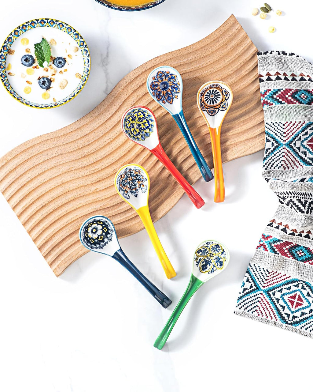 Asian Soup Spoon Set of 6 – Boho Ceramic Ramen Spoon with Long Handle  Deep Soup Spoons for Japanese Ramen  Pho  Dumplings  Miso  Wonton – Dishwasher Safe