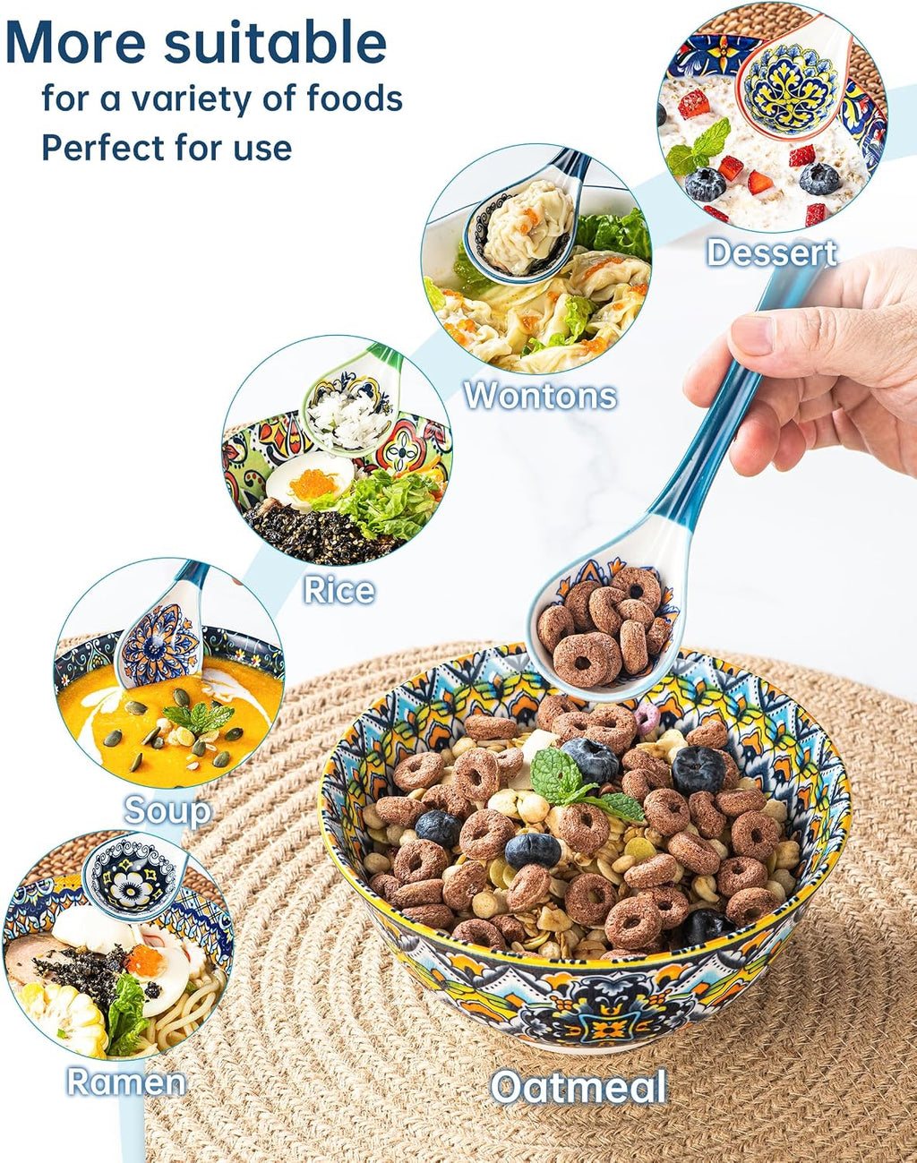 Asian Soup Spoon Set of 6 – Boho Ceramic Ramen Spoon with Long Handle  Deep Soup Spoons for Japanese Ramen  Pho  Dumplings  Miso  Wonton – Dishwasher Safe