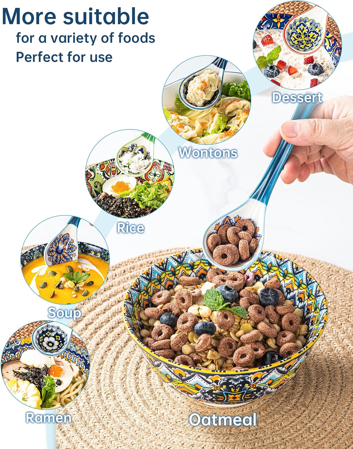 Asian Soup Spoon Set of 6 – Boho Ceramic Ramen Spoon with Long Handle  Deep Soup Spoons for Japanese Ramen  Pho  Dumplings  Miso  Wonton – Dishwasher Safe