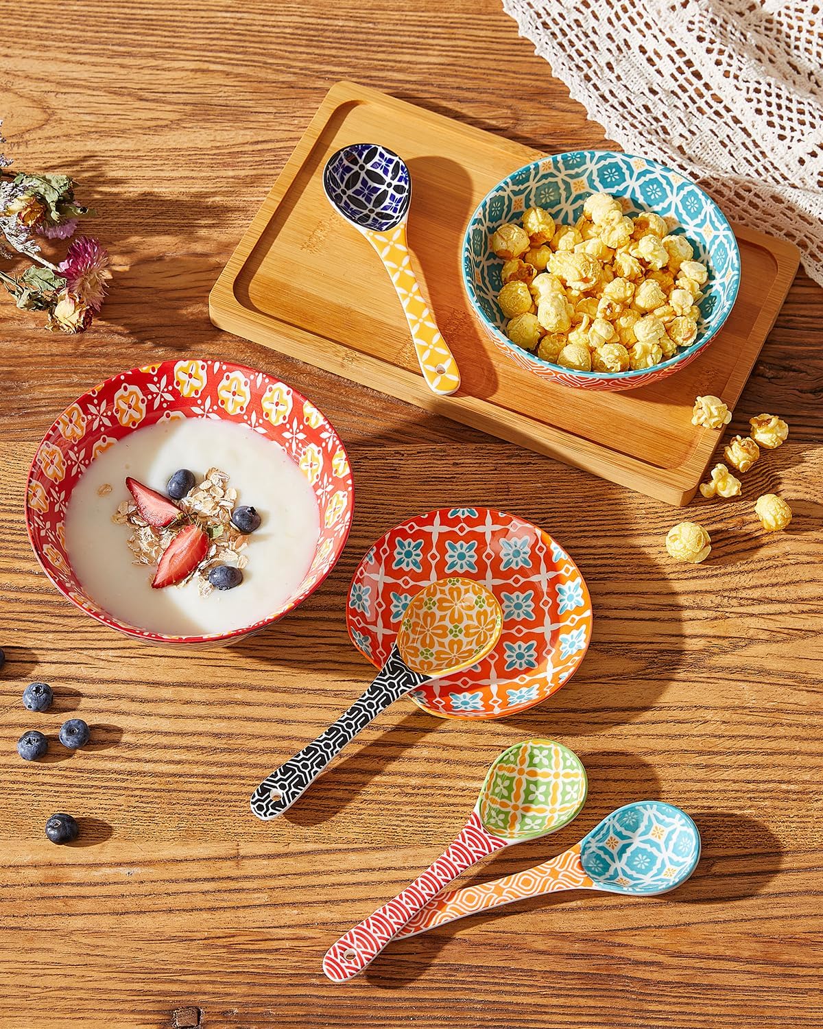 Ceramic Small Serving Spoons  Colorful Soup Spoon Set for Cereal  Yogurt  Dips  Ice Cream  Ramen  Dishwasher & Microwave Safe  Cute Decorative Spoon Set of 6