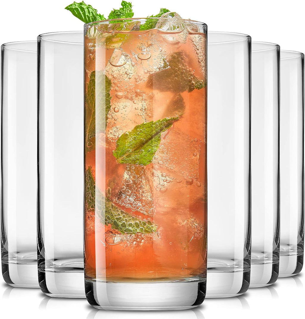 JoyJolt Faye 13oz Highball Glasses  6pc Tall Glass Sets. Lead-Free Crystal Drinking Glasses. Water Glasses  Mojito Glass Cups  Tom Collins Bar Glassware  and Mixed Drink Cocktail Glass Set