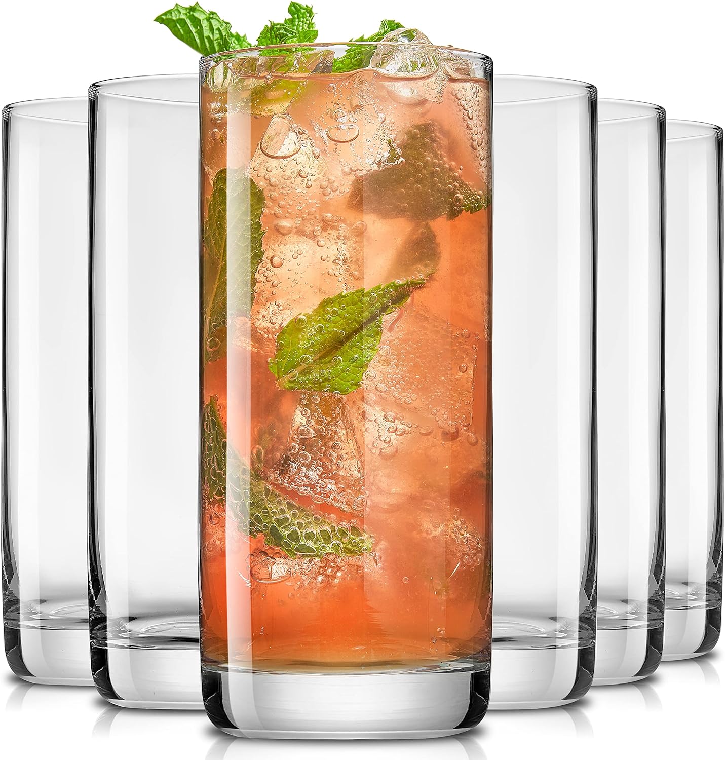 JoyJolt Faye 13oz Highball Glasses  6pc Tall Glass Sets. Lead-Free Crystal Drinking Glasses. Water Glasses  Mojito Glass Cups  Tom Collins Bar Glassware  and Mixed Drink Cocktail Glass Set