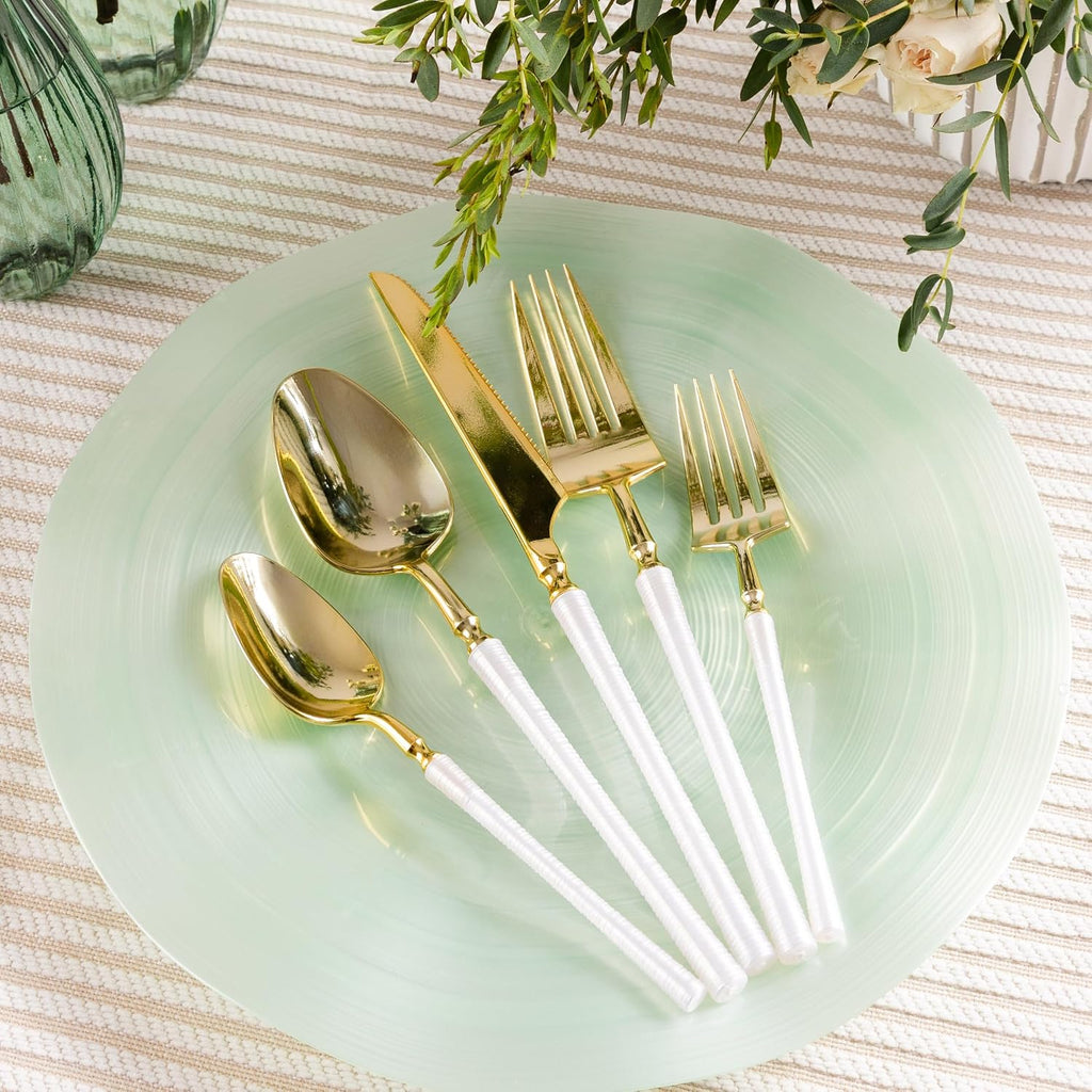 PLASTICPRO 40 Count Plastic Salad Forks Fancy Gold and White Ribbed Cutlery Plastic Silverware Heavy Duty Premium Flatware for Party  Wedding