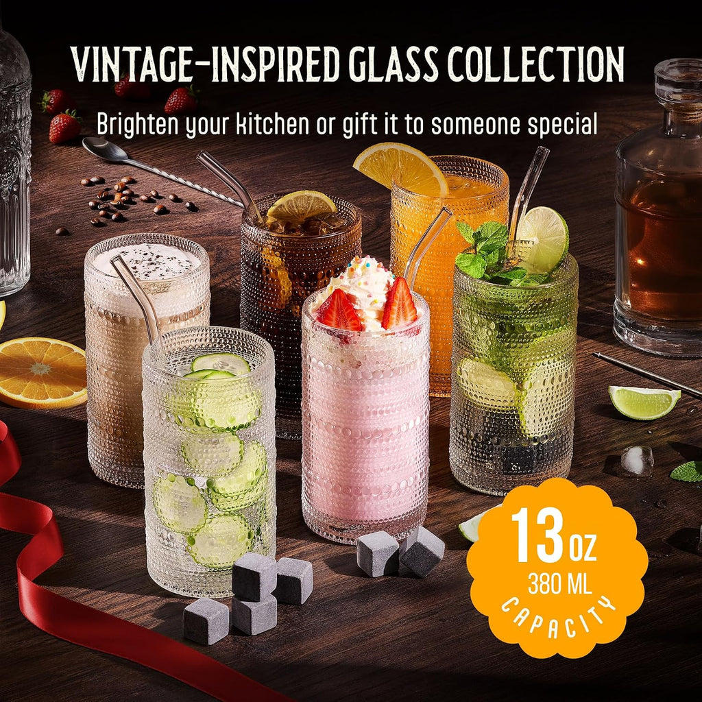 13 Oz Hobnail Drinking Glasses Set of 6 - Clear Multipurpose Glassware Sets  Decorative & Stylish Glasses Drinking Set for Bar  Kitchen  Cocktail Glassware  Garden - Home  Dining  & Kitchen