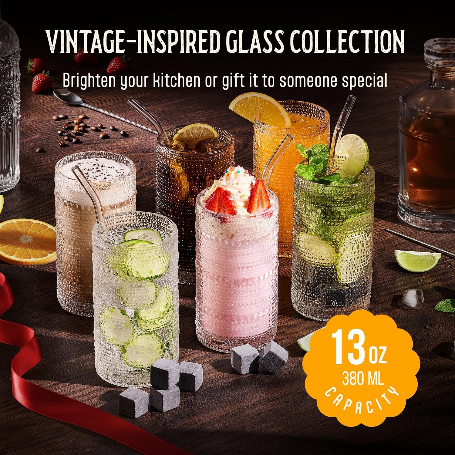 13 Oz Hobnail Drinking Glasses Set of 6 - Clear Multipurpose Glassware Sets  Decorative & Stylish Glasses Drinking Set for Bar  Kitchen  Cocktail Glassware  Garden - Home  Dining  & Kitchen