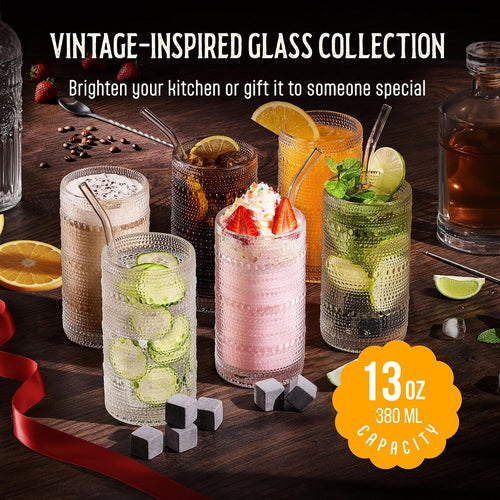 13 Oz Hobnail Drinking Glasses Set of 6 - Clear Multipurpose Glassware Sets  Decorative & Stylish Glasses Drinking Set for Bar  Kitchen  Cocktail Glassware  Garden - Home  Dining  & Kitchen