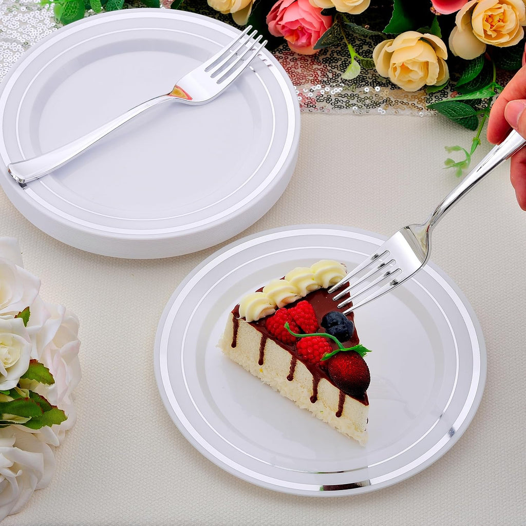 200pcs Silver Dessert Plates with Forks for 100 Guests-100pcs 7.5" Disposable Silver and White Small Plates with 100pcs 7.4" Forks-Cake/Appetizer/Salad Plate for Wedding Birthday Party