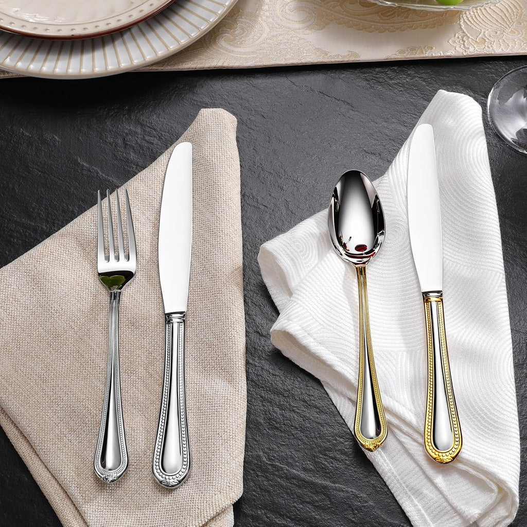 KEAWELL Pearl Edge 4-Piece Premium Fork Set  18/10 Stainless Steel  Fine Silverware Forks with Mirror Finish and Exquisite Craftsmanship  Gold Accent  Dishwasher Safe (4  7.3" Salad Forks)