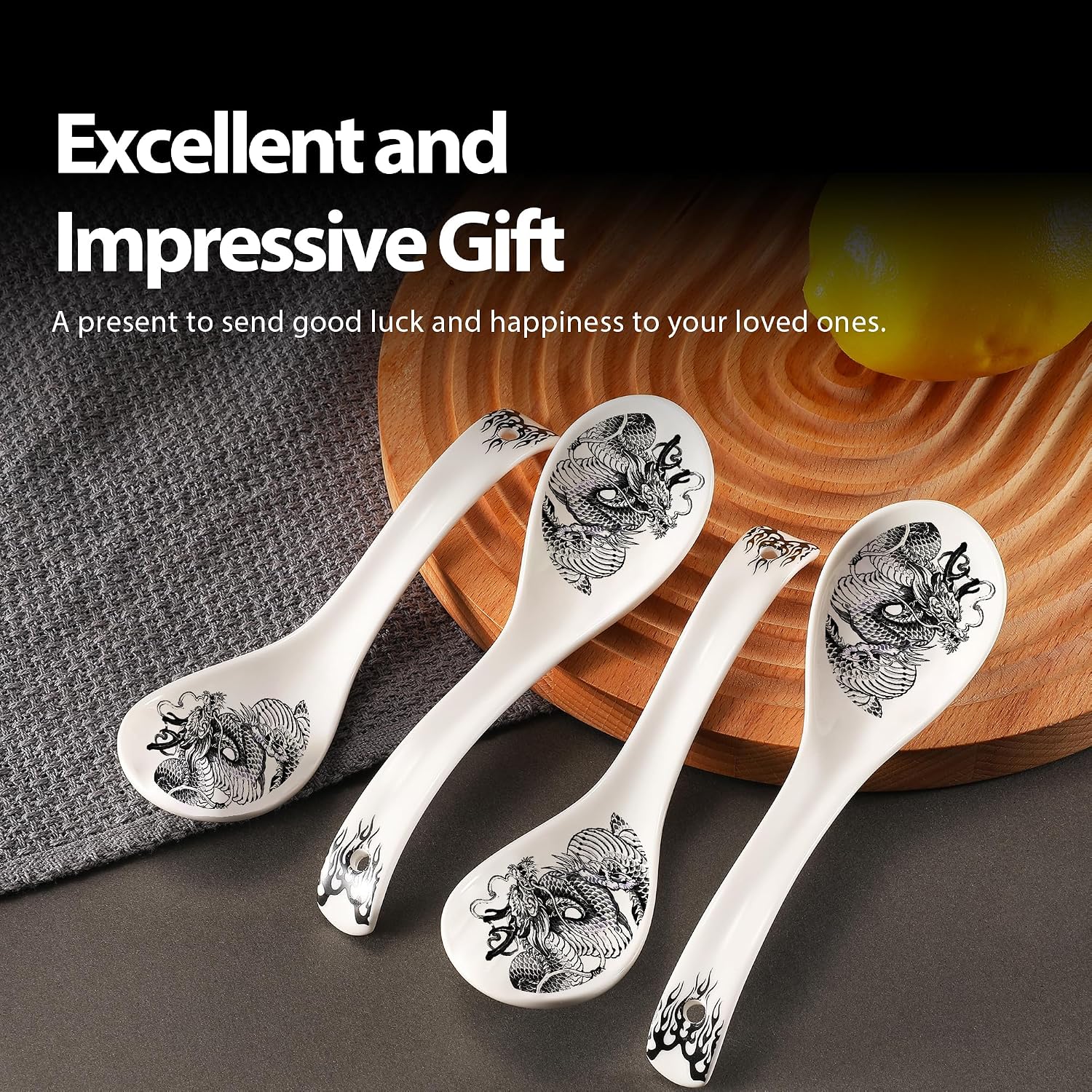 Hagary Ceramic Spoon Soup Spoons Asian Soup Spoon Chinese Korean Japanese Ramen Spoons Set of 4 with Hole 6.2 Inch (Black - Dragon New)