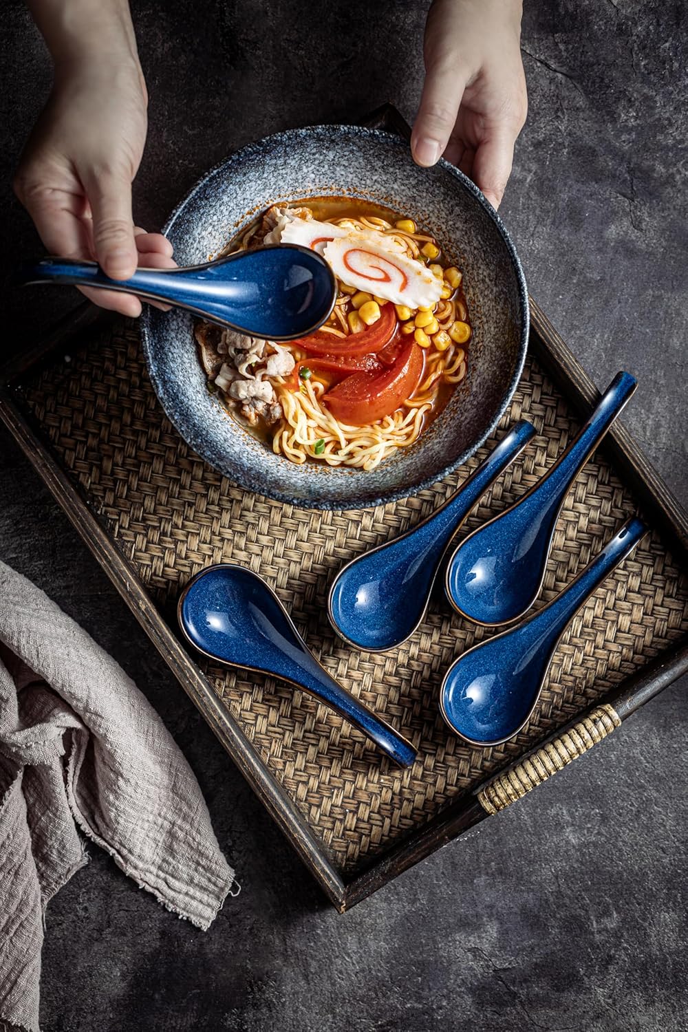 LYEOBOH Soup Spoons set of 6  Chinese Deep Soup Spoon - 6.5 inch Ceramic Korean Tablespoons for Ramen  Rice  Noodle  Asian Spoons with Deep Hook Design  Vintage Blue