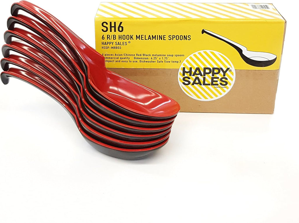 Happy Sales Melamine Soba  Rice Spoons  Chinese Won Ton Soup Spoon  Asian Red and Black  6 Pack Notch & Hook Style