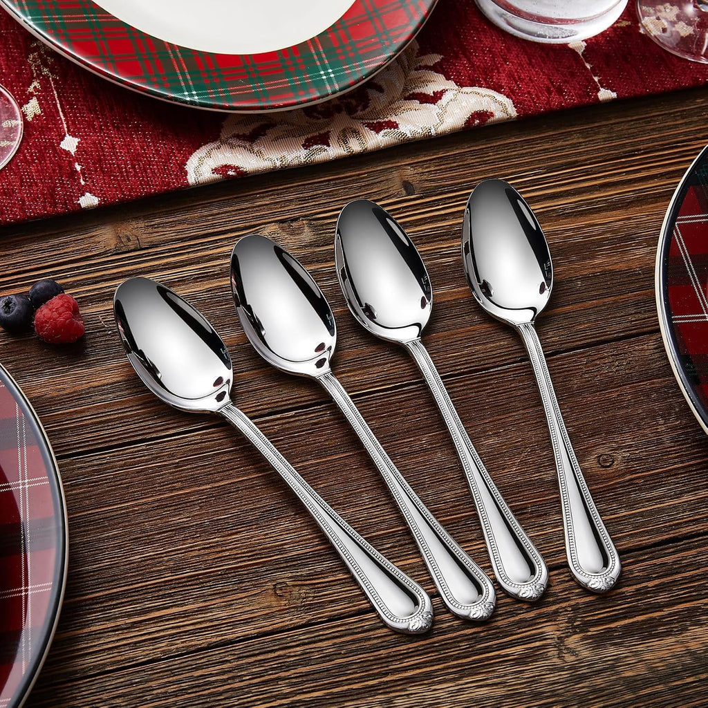 KEAWELL Pearl Edge 4-Piece Premium Spoon Set  18/10 Stainless Steel  Fine Silverware Spoons with Refined Bead Design  Brightly Polished  Dishwasher Safe (Silver  7.56" Dinner Spoons)