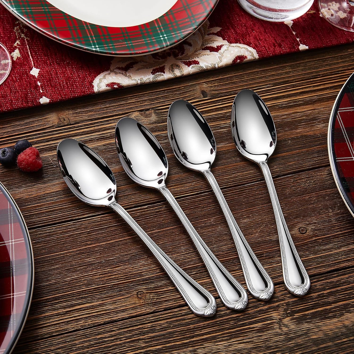 KEAWELL Pearl Edge 4-Piece Premium Spoon Set  18/10 Stainless Steel  Fine Silverware Spoons with Refined Bead Design  Brightly Polished  Dishwasher Safe (Silver  7.56" Dinner Spoons)