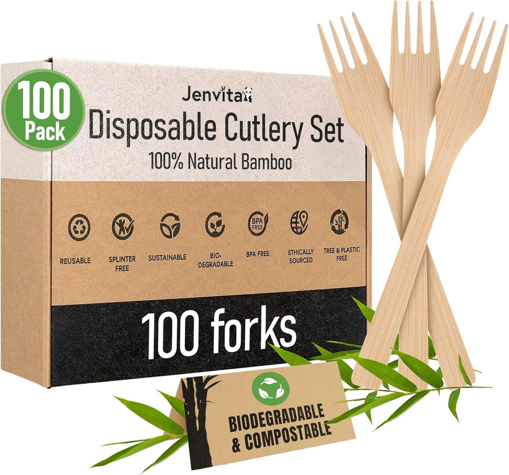 100% Bamboo Forks Set - High End Disposable Cutlery (100 Biodegradable Forks) | Reusable or Disposable Bamboo Utensils | Compostable FSC Certified Flatware for Weddings  Camping  Parties