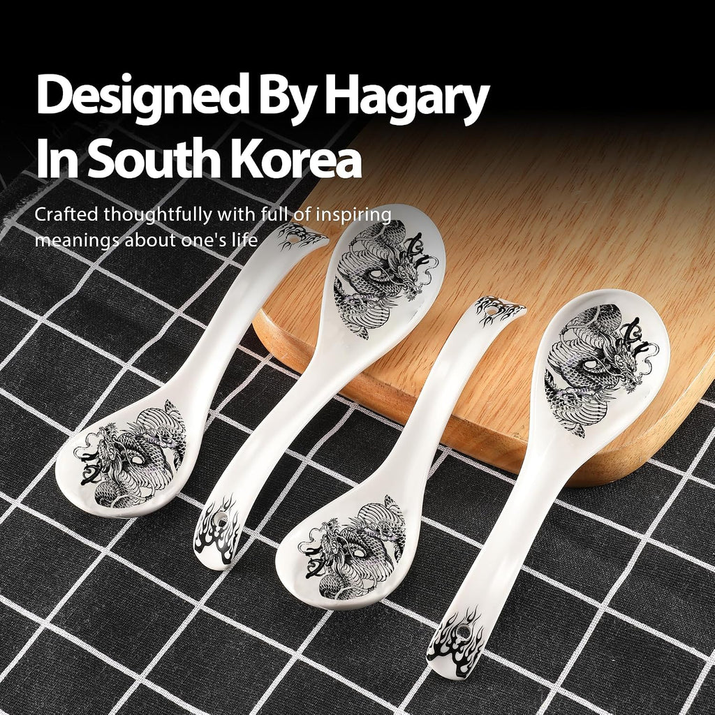 Hagary Ceramic Spoon Soup Spoons Asian Soup Spoon Chinese Korean Japanese Ramen Spoons Set of 4 with Hole 6.2 Inch (Black - Dragon New)