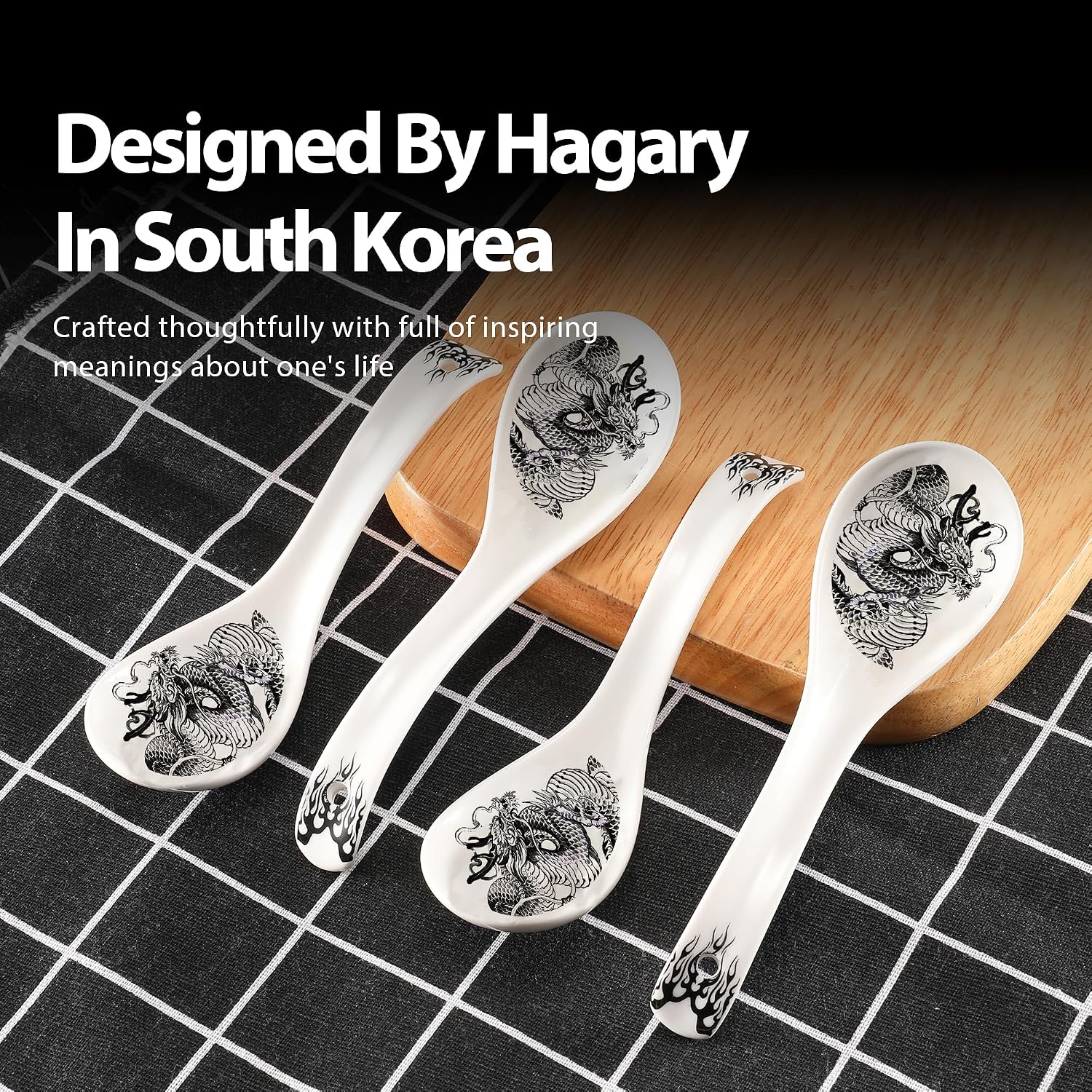 Hagary Ceramic Spoon Soup Spoons Asian Soup Spoon Chinese Korean Japanese Ramen Spoons Set of 4 with Hole 6.2 Inch (Black - Dragon New)
