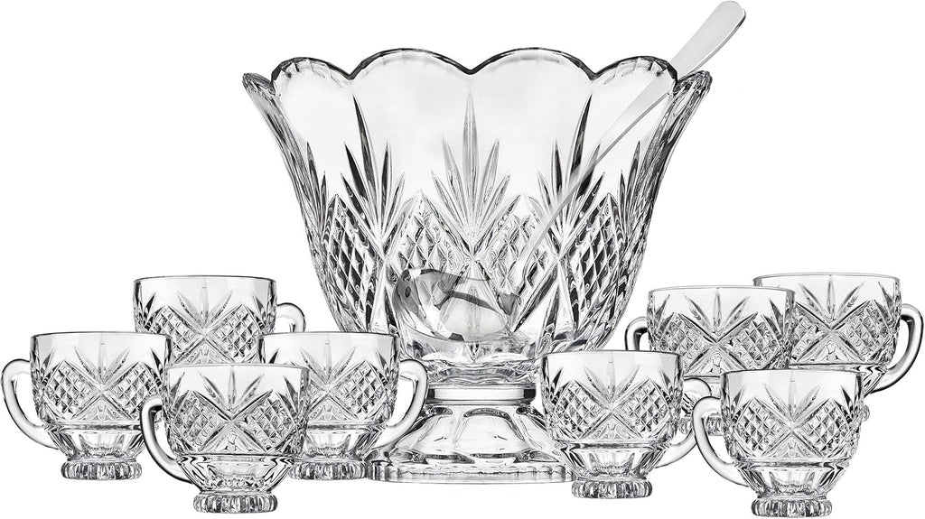 Godinger Dublin Crystal Punch Bowl Set with 8 Cups and Ladle - 10 Piece Set