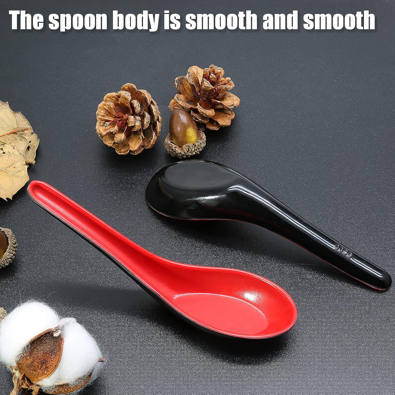 2PCS Asian Soup Spoons  Chinese Japanese Miso Ramen Wonton Dumpling Pho Rice Noodle Soba Soup Spoons  Red and Black Melamine Spoons