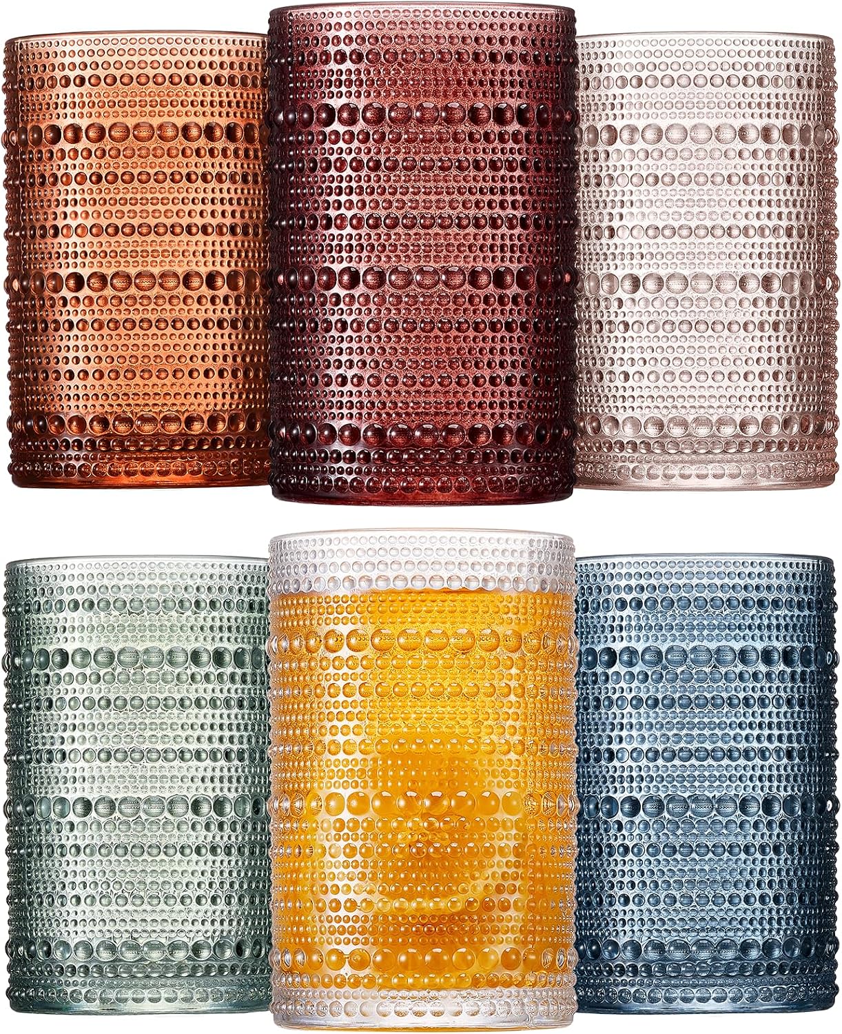 Mfacoy Colored Hobnail Drinking Glasses Set of 6  12oz Vintage Kitchen Glassware  Embossed Beaded Glass Cups  Water Glasses  Beaded Colorful Water Tumbler for Cocktail  Juice and Various Mixed Drinks