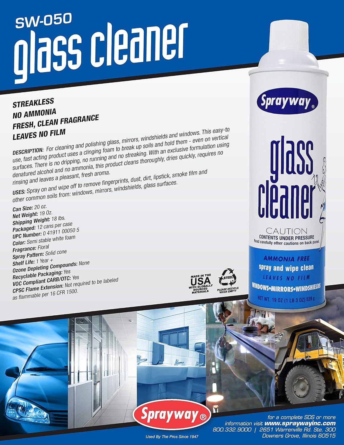 Sprayway Glass Cleaner with Foaming Spray for a Streak-Free Shine for Home and Automotive Use  19 oz.  Pack of 12