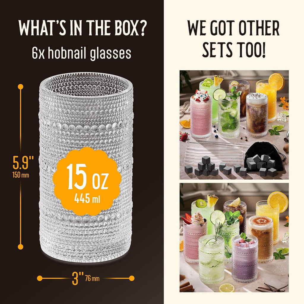 15 Oz Hobnail Drinking Glasses Set of 6 - Clear Multipurpose Glassware Sets  Decorative & Stylish Glasses Drinking Set for Bar  Kitchen  Cocktail Glassware  Garden - Home  Dining  & Kitchen