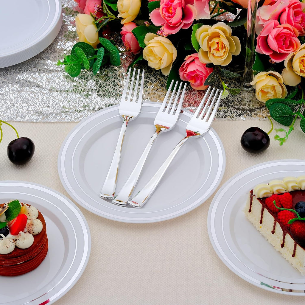 200pcs Silver Dessert Plates with Forks for 100 Guests-100pcs 7.5" Disposable Silver and White Small Plates with 100pcs 7.4" Forks-Cake/Appetizer/Salad Plate for Wedding Birthday Party
