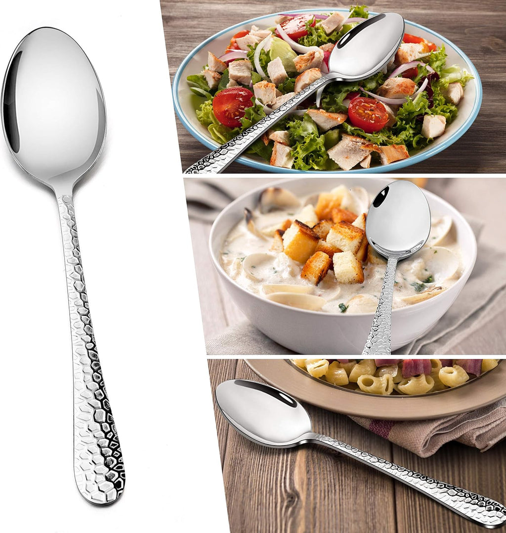 E-far 12-Piece Stainless Steel Hammered Dinner Spoons Set  Modern Silver Large Soup Spoons for Home  Kitchen  Restaurant  Round Edge & Mirror Polished  Dishwasher Safe - 7.9 Inches